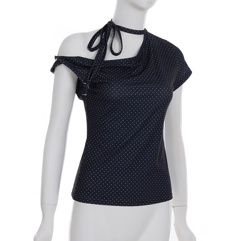 2025 Summer Off-Shoulder Polka Dot Lace-Up T-Shirt - Trendy Girly Style