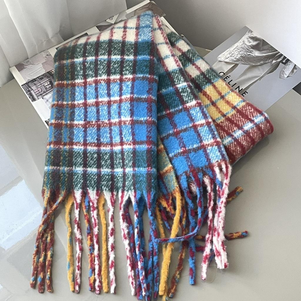 Korean Version of Autumn and Winter Rainbow Plaid Imitation Cashmere Scarf for Female Students Couple Mohair Warm Scarf Long Shawl