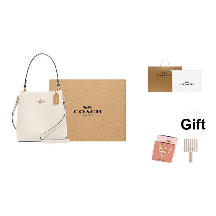 Coach Town 21 Metallisches Logo Geprägter Anhänger Poliertes Kieselsteinleder Eimerbeutel Damen Handtaschen Weiß 1011-IMOVG