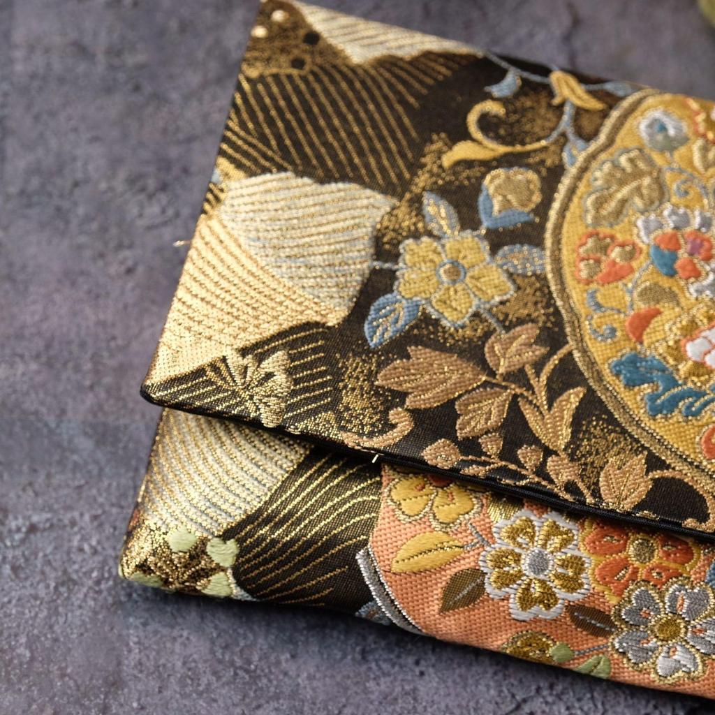 Used Goshuincho case, Goshuincho pouch, Obi remake, Fukusa type, Kimono remake, Japanese pattern, Japanese style, Black, Flower crest, One-of-a-kind,