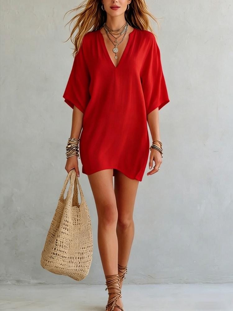 Women's White V Neck Mid Sleeve Bohemian Dress Knee Length