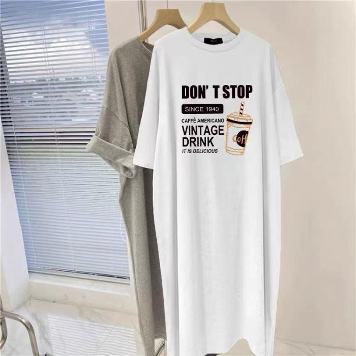 Korean version short-sleeved dress women's summer large size loose medium and long knee T-shirt skirt versatile casual split-ended long dress