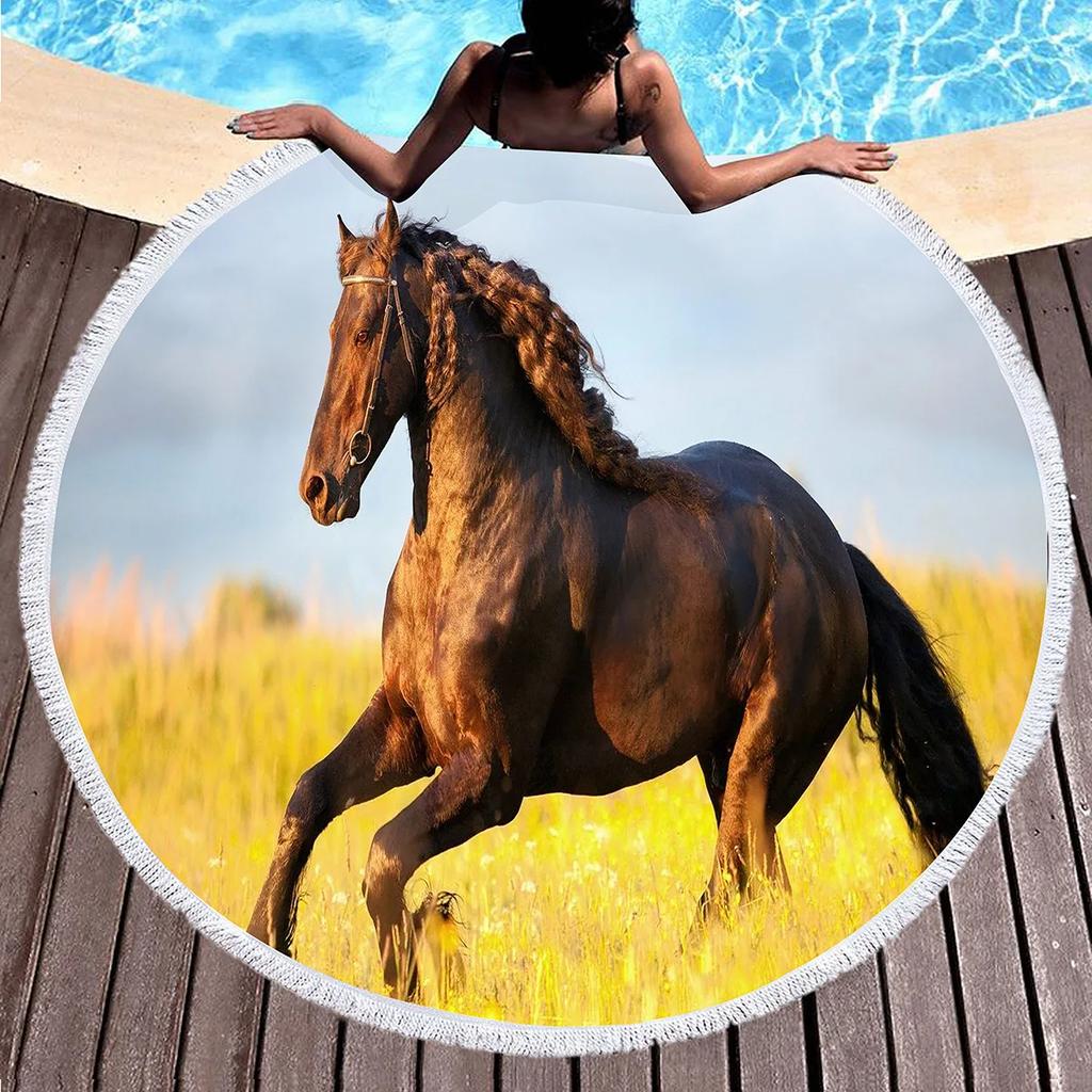 Horse Round Beach Towel,Wild Horse Beach Blanket Shawl Soft Microfiber Cowboys Western Farmhouse Rustic Theme Towel For Picnic