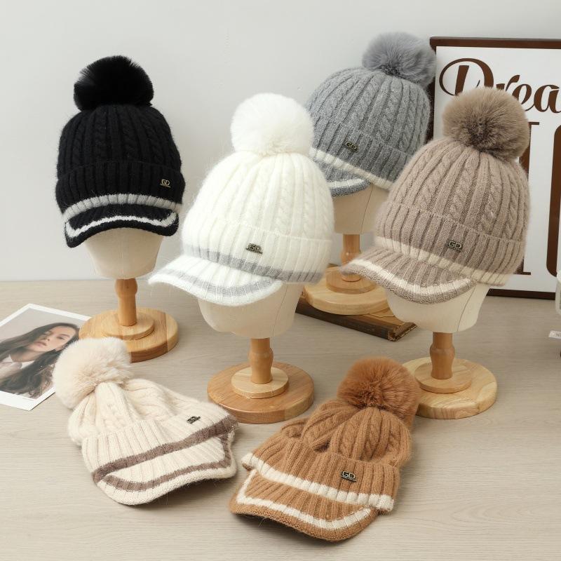 Czapka dziergana z pomponem, Gruba ciepła czapka z polaru, Wełniana czapka rekreacyjna na zewnątrz, Damska zimowa wełniana czapka dziergana, Wiatroodporna czapka podróżna na zewnątrz