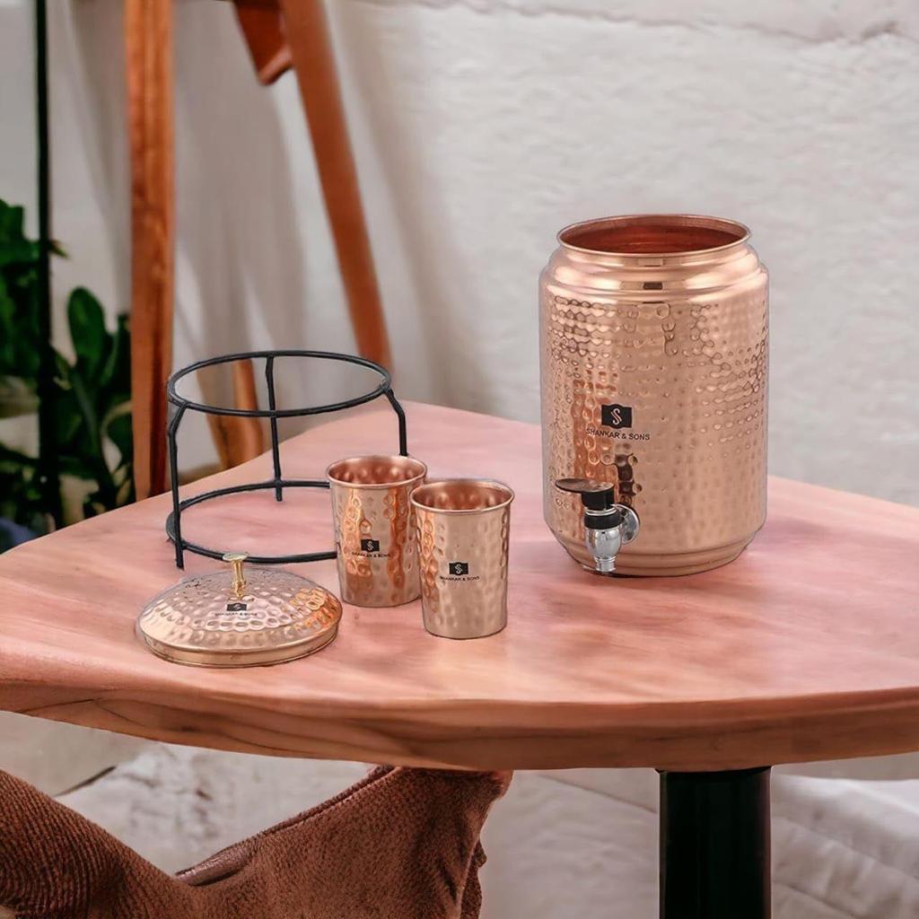 5 Litre Copper Water Dispenser with Stand and 2 Glasses | Hammered Texture, Rustproof & Durable | with Added Health Benefits of Copper