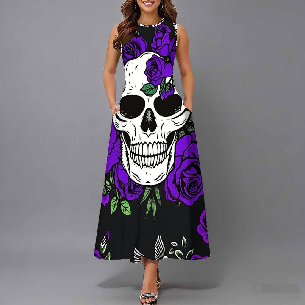 Women Plus Size Sleeveless Round Neck Dress Luxe Large Blossom Printed Flowy Calf Length Gown