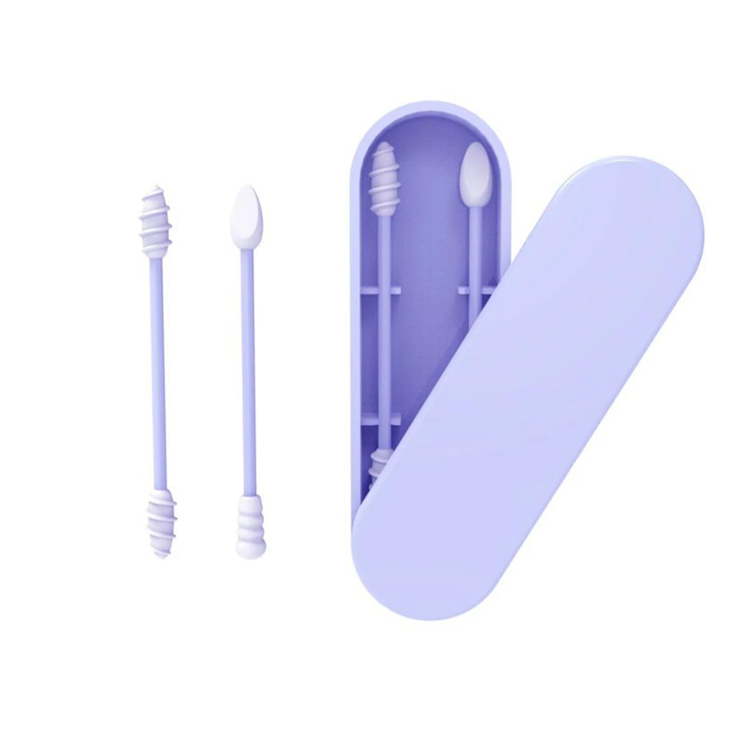 

2Pcs Silicone Reusable Cotton Swab Earpick Kit With Box Portable Double Headed Soft Makeup Swab Ear Cleaning Set синий