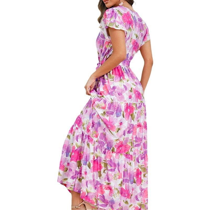European and American women's clothing summer new fashion V-neck lotus leaf sleeve dress Bohemian print dress
