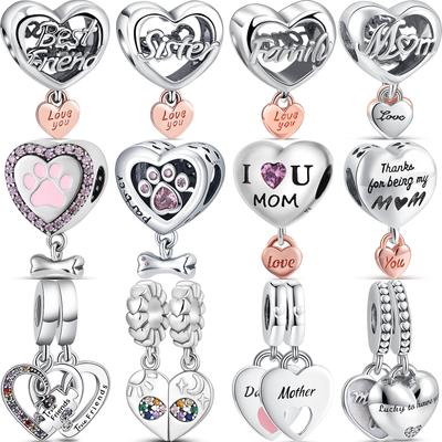 New S925 Silver I Love Mom Paw Print Friend Heart Family Pendant Shiny Beads Fit Original  Charms Bracelets Luxury Jewelry