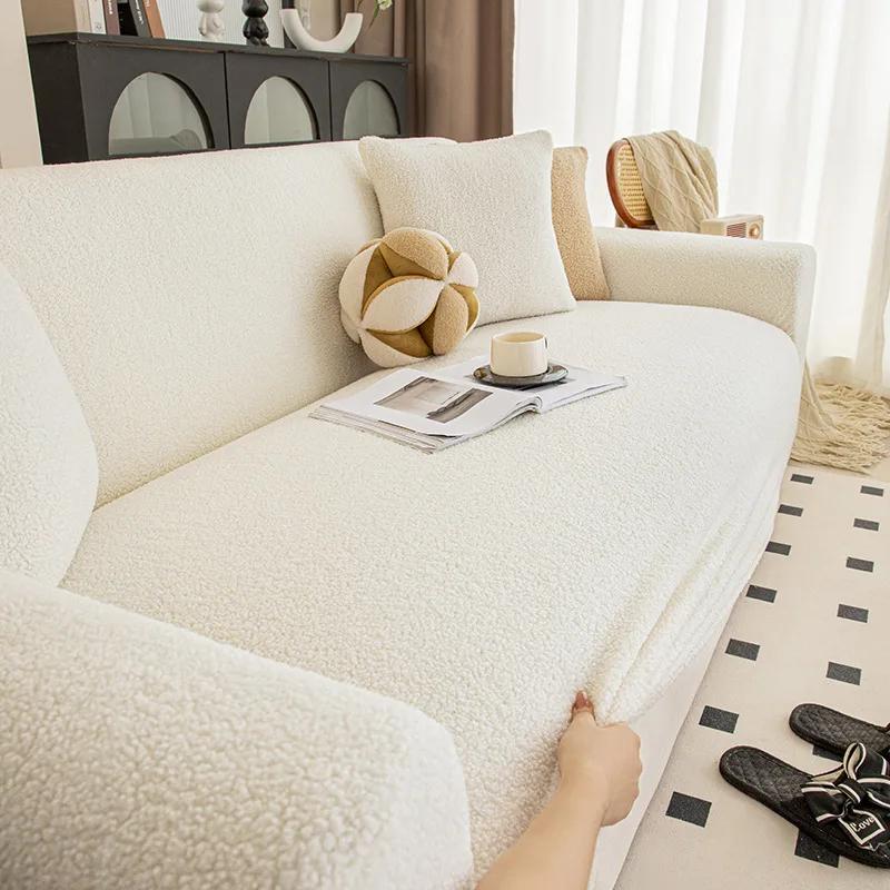 Solid Color Teddy Velvet Warm Sofa Cover High Elastic Thick Corner Couch Covers for Winter Anti-Scratch Pet Friendly Sofa Pad