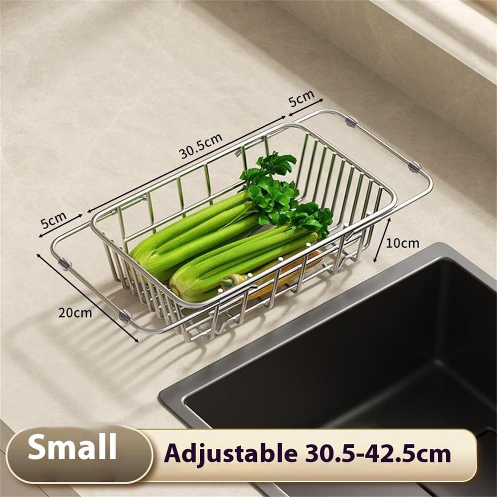 Kitchen Sink Drainer Basket Stainless Steel 30.5-42.5cm Adjustable Dish Drying Rack Organizer