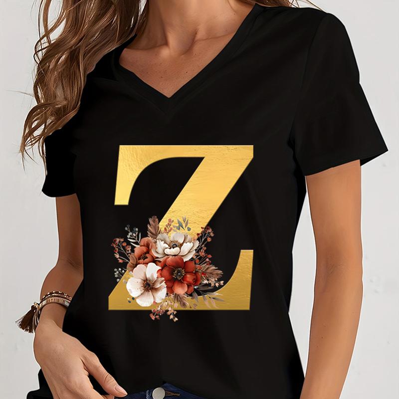 Vintage Flower Alphabet Graphic T Shirts Women Alphabet Rose Gold Essential Women Clothing Gift for Alphabet Floral Lover Tshirt