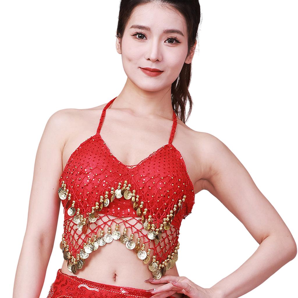 Belly Dance Costume for Women Belly Dancing Coins Bra Tops Sequins Fringes Tassels Halter Tops for Stage Performances