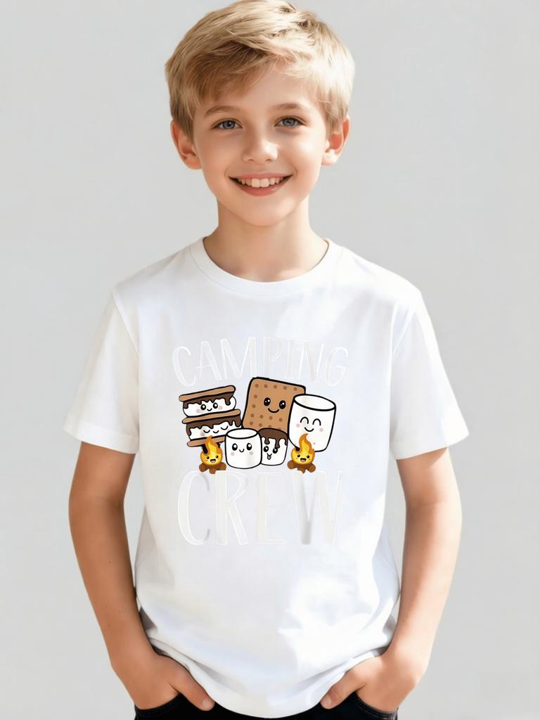 T-shirts for Boys and Girls - Boys' Short-sleeved Camping Group Letter Printed Graphic T-shirt, Round Neck Casual Summer