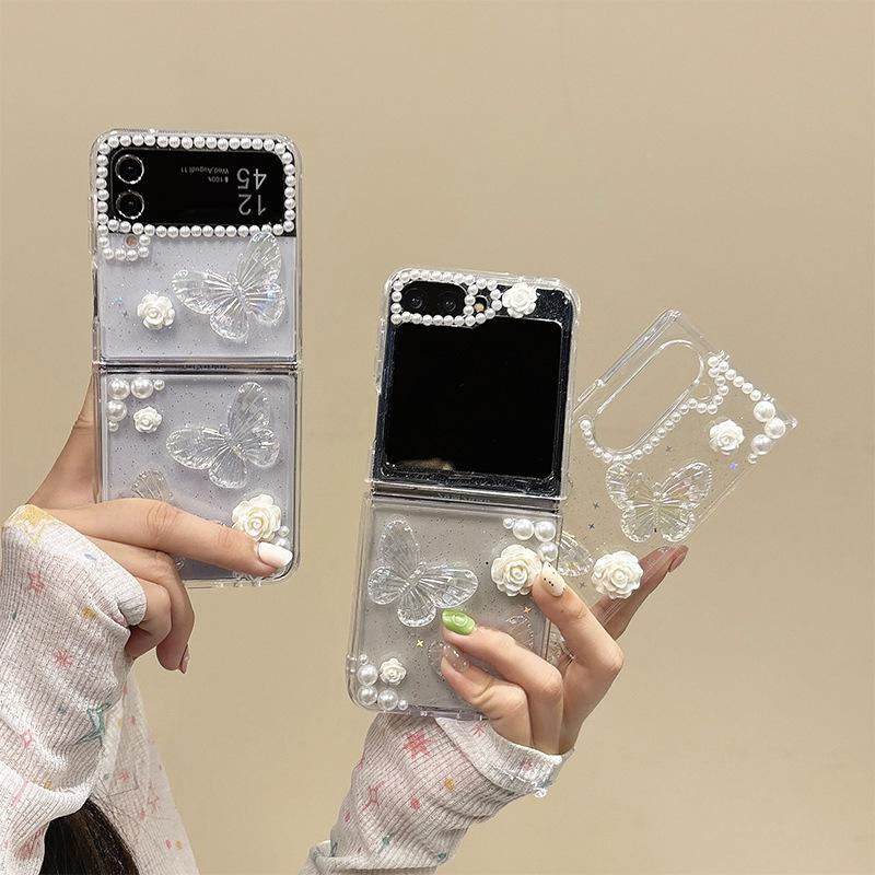 Pearl Butterfly Flower Sparkling Pink Phone Case for Samsung ZFLP6 Flip Fold Screen ZFold 5 Transparent Dropping Glue