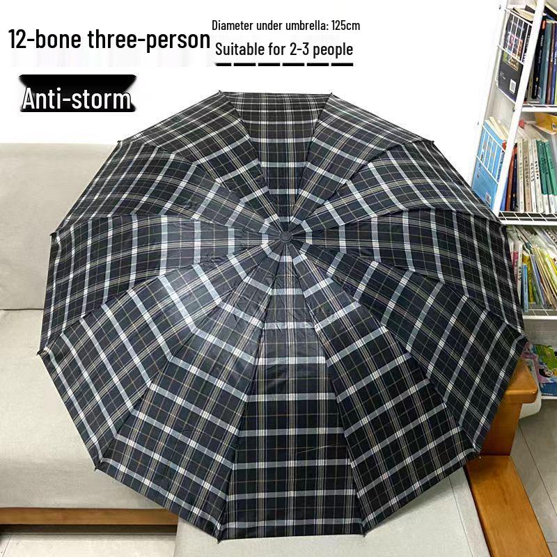 Extra Large Ten-Bone Water-Repellent Plaid Umbrella - British Style for Men & Women, Double/Triple Use