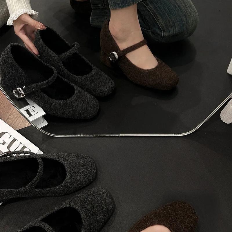 Sapatos retrô de lã com aumento interno de altura, bico quadrado com salto alto grosso, Mary Jane, sapatos de boca leve