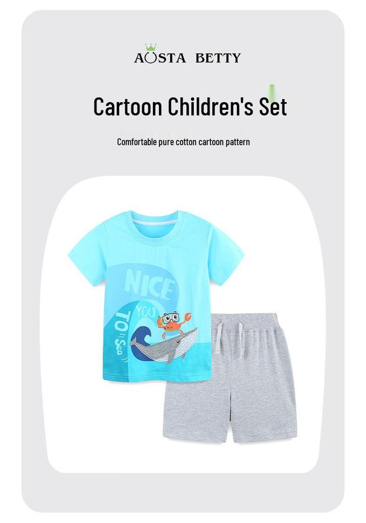 European & American Style Summer Cartoon Shark Boys' Knit Cotton 2-Piece Set