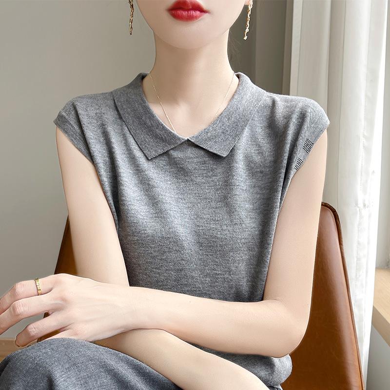 

Женский трикотаж весна/лето, жилет без рукавов с отложным воротником: Универсальный базовый слой однотонной расцветки для шикарного образа XL for 67.5-77.5kg серый