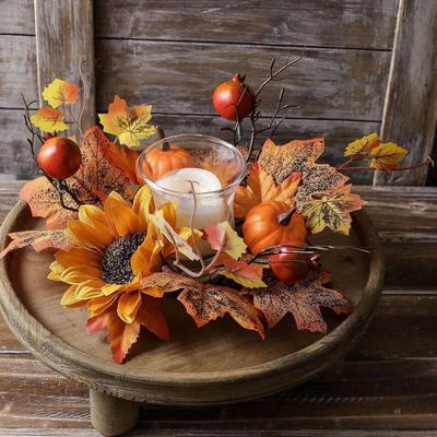 Rustic Farmhouse Candle Ring Artificial Wreath Multicolor Maple Leaf Fall Centerpiece for Thanksgiving Table Decor