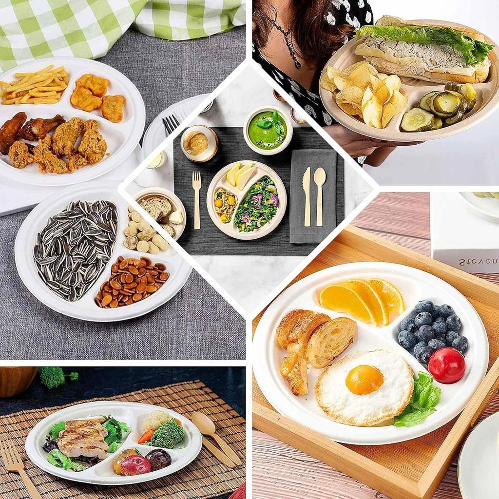 Disposable Dinner Plates, Thickened Food-grade Tableware, Round Snack Plates, Barbecue Plates, Buffet Paper Plates, Three-grid Paper Plates