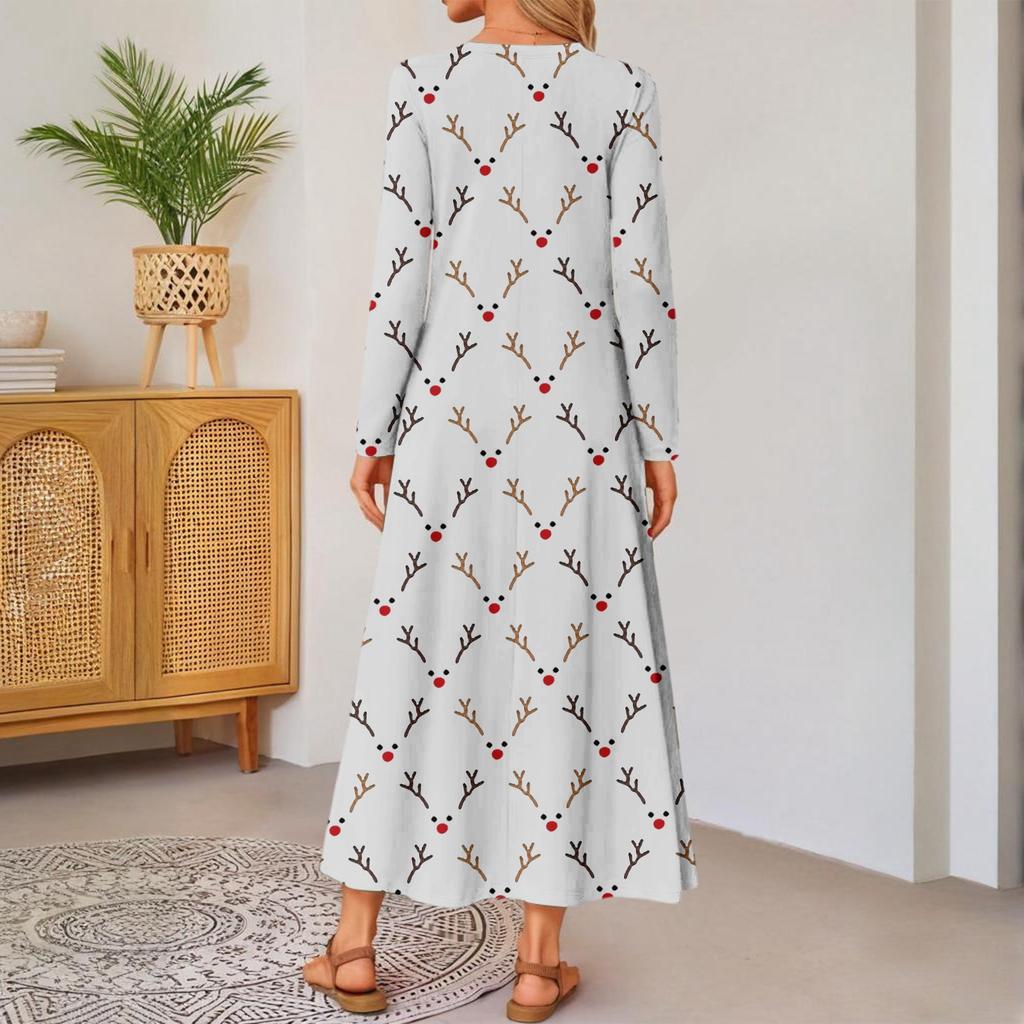 women's cute printed long-sleeved comfortable loose dress, elegant dress