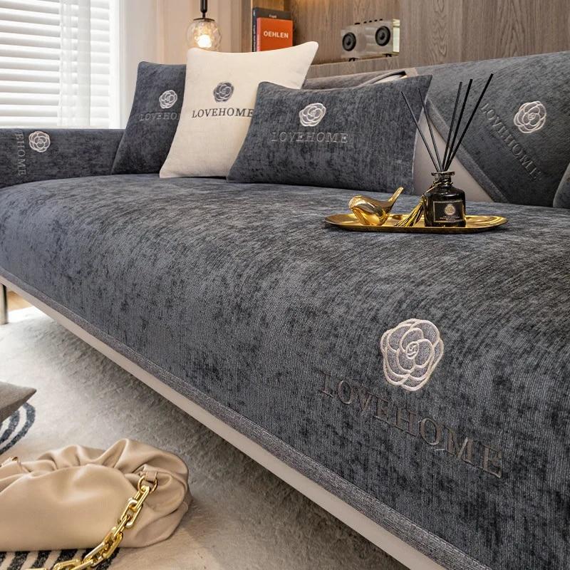 Embroidery Chenille Sofa Covers Solid Color Corner Sofa Towel Anti-slip Protection Pad Couches Living Room Home Four Seasons