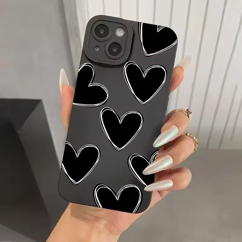 

Роскошный Черный Чехол-Сердечко из Мягкого Силикона для iPhone 16 15 14 Pro Max Plus 11 12 13 Pro 7 8 Plus X XS XR Ударопрочный Чехол iPhone 16 Plus