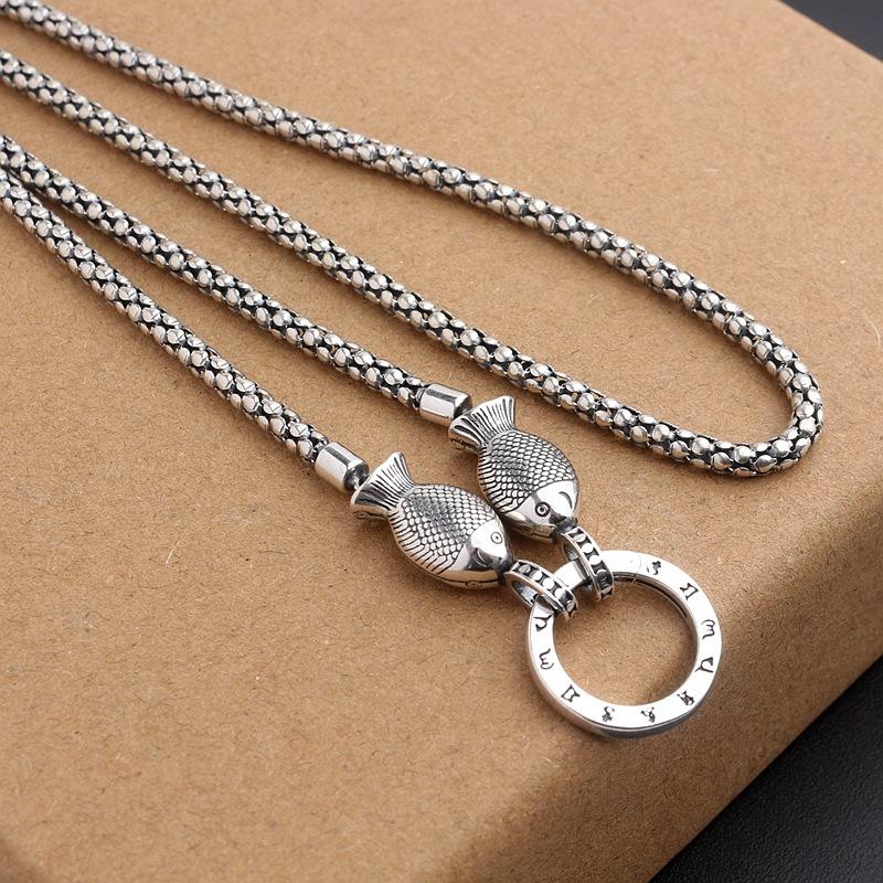 Srebro próby 925 Łańcuszek o splocie Burst Grain Podwójna Ryba Wszechstronne Zapięcie Naszyjnik Vintage Odpinany Łańcuszek do Swetra
