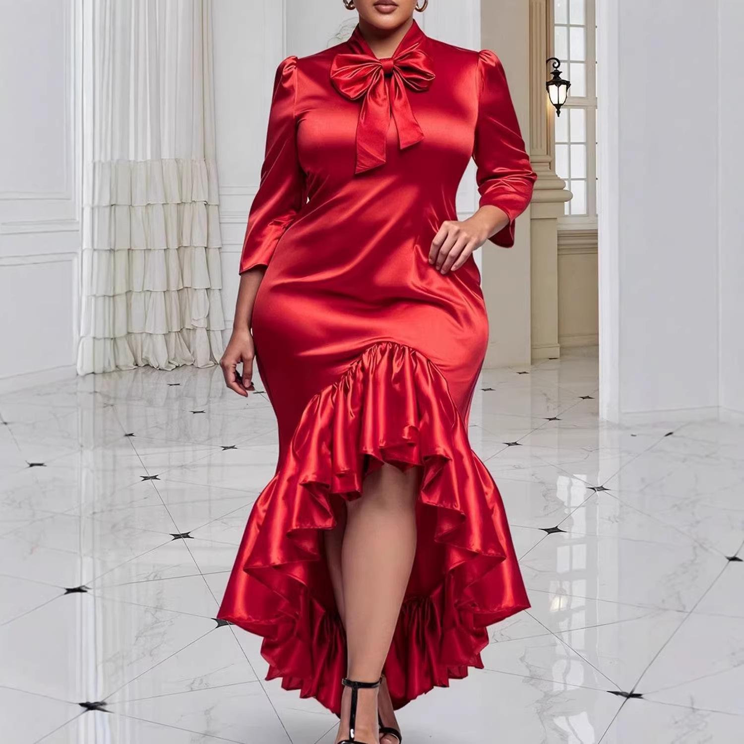 

Plus Size Women s Red Satin Bowknot Waist-Cinched Irregular Mermaid Party Dress 3XL