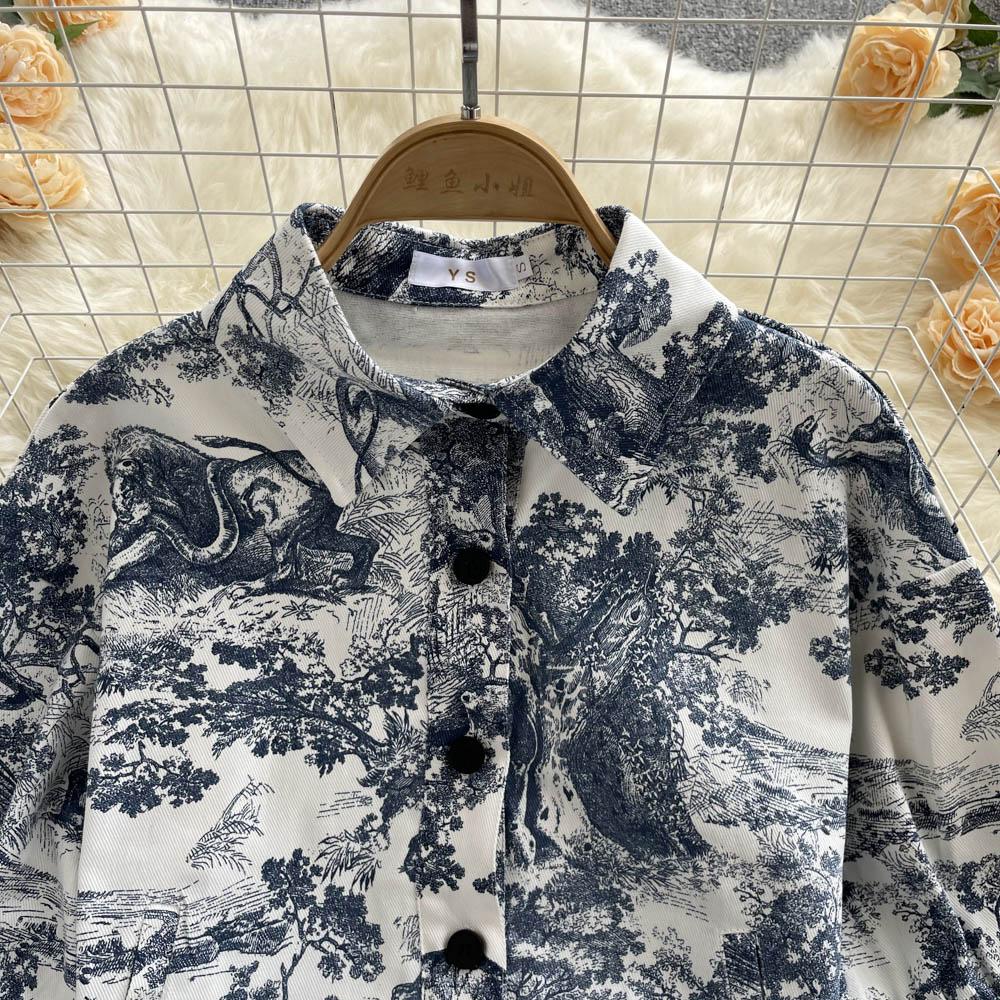 RUGOD Fashionable Temperament Suit Women's Tie-dye Printed Short Shirt High Waist A-line Skirt Western Style Two-piece Suit