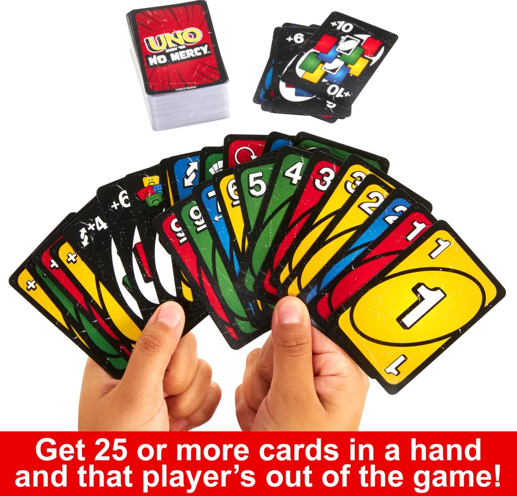 Mattel Games UNO Show ’em No Mercy Card Game – Storage & Travel Tin, Kids & Adults Family Night, Extra Cards with Special Rules