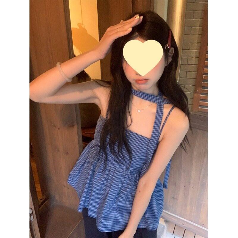 ) Sweet Spice Girl Plaid Neck Ribbon Sling Vest Women's Summer Waist Pleated Sleeveless Top