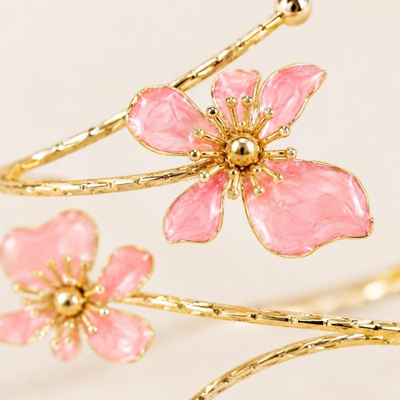 Openwork Upper Arm Cuff with Two Irregular Flowers, Intersecting Gold-Tone Bands, Rounded Ball Ends, and Clasp-Free Wear