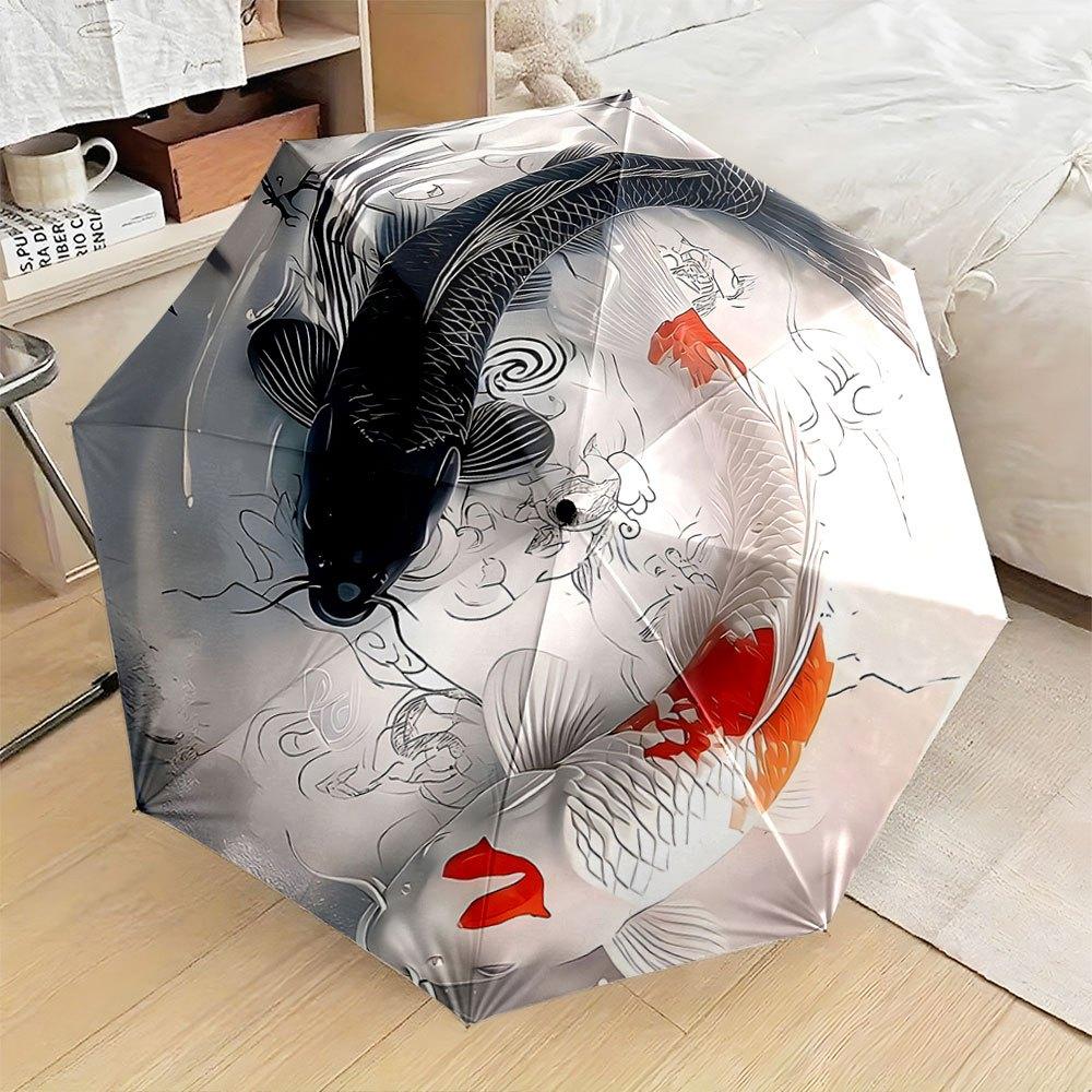 

Automatic Open/Close Folding Umbrella with Koi Fish Design - Compact Travel Umbrella, Windproof & High Quality, Elegant Black/ (as the picture,Iron&8K)