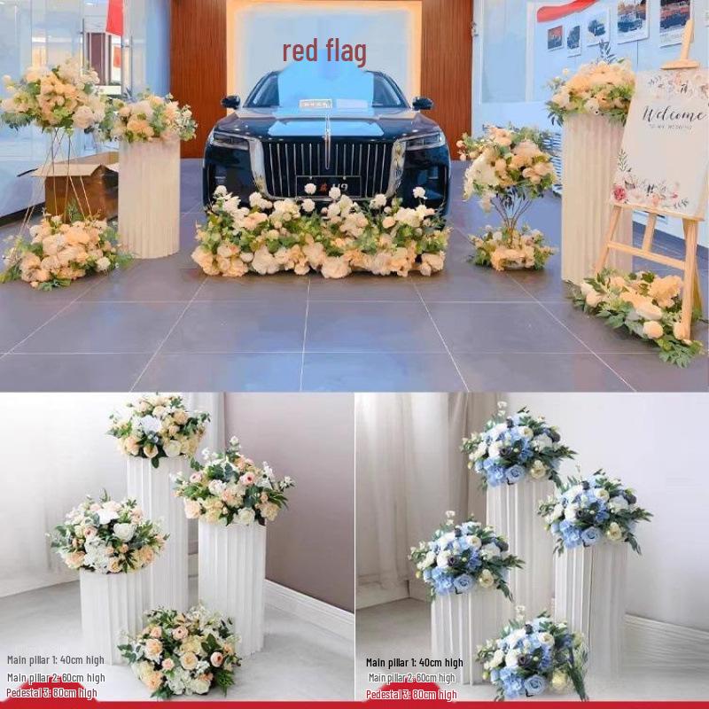 Artificial Flower Column Wedding Decorations with Car Delivery Ceremony and Roman Style Welcome Board