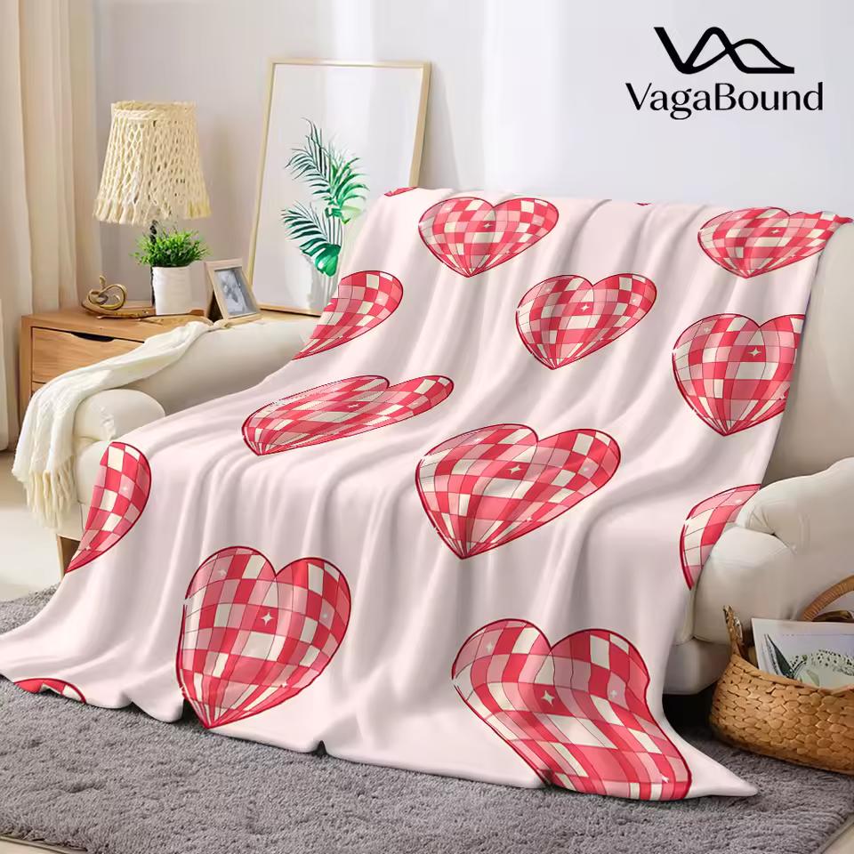 Pink Gingham Heart Flannel Blanket Warm Soft Halloween Christmas Decorative Couch Warm Cozy All-Season Gift