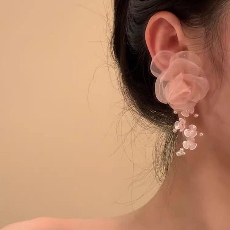 Pink Flower Tassel Clip-On Earrings - Elegant, Fairy-Inspired Design for Women