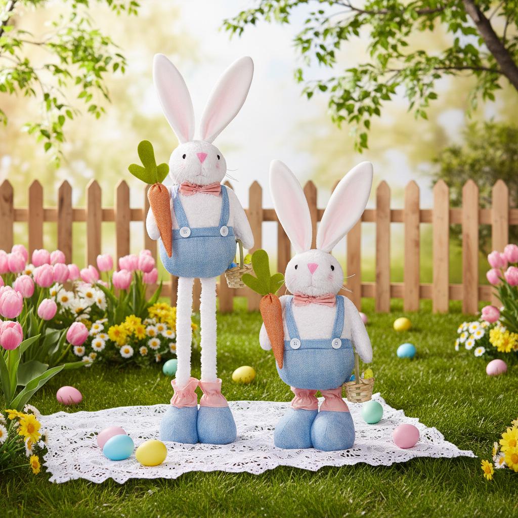 Extendable Legs Easter Bunny Plush Holding Carrot Basket
