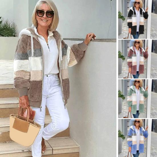 Fuzzy Fleece Jacket for Women Fluffy Sherpa Zip-Up Cardigan Fall Winter Warm Drawstring Hooded Coat with Pockets