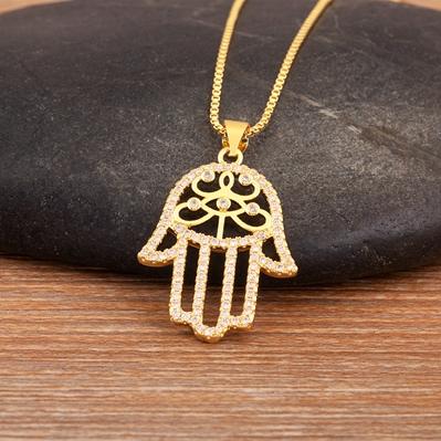 Nidin New Fashion Lucky Palm Shape Evil Eye Pave Zircon Charm Pendant Necklace 4 Styles Girl Clavicle Chain Accessories Gifts