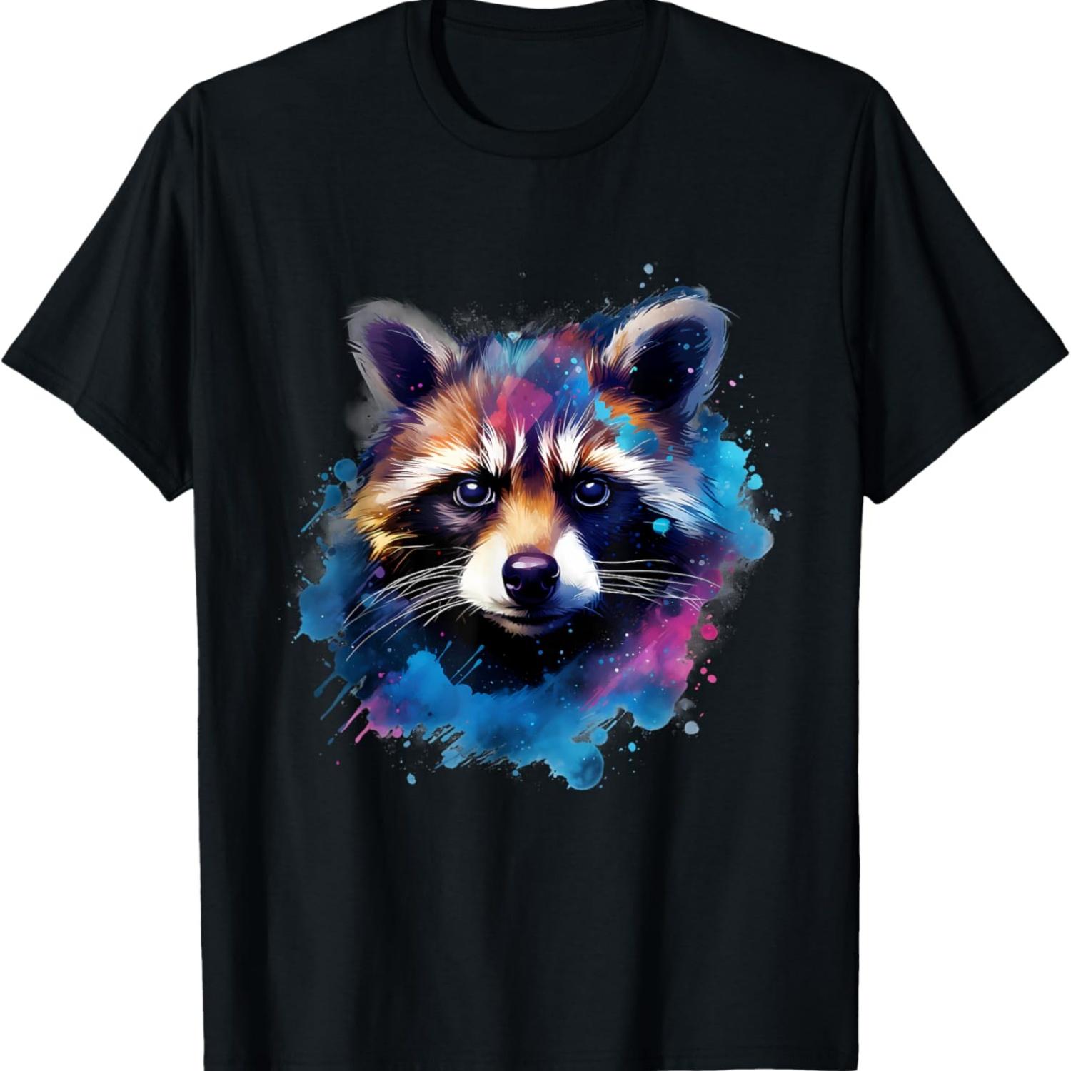 Raccoon Portrait Colourful Splash Animal Art Wildlife T-Shirt S чёрный