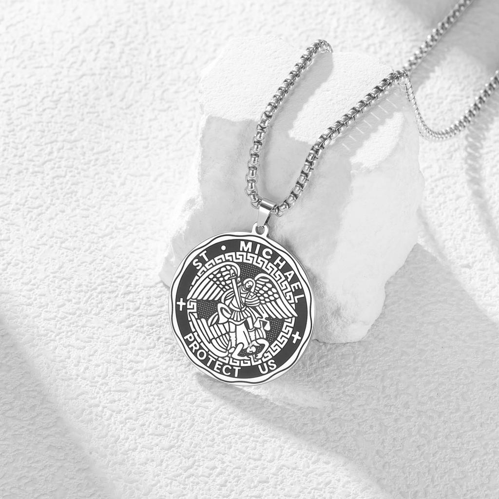 St. Michael Protect Us Pendant Necklace for Men Women Stainless Steel Archangel Medallion Religious Christian Amulet Jewelry