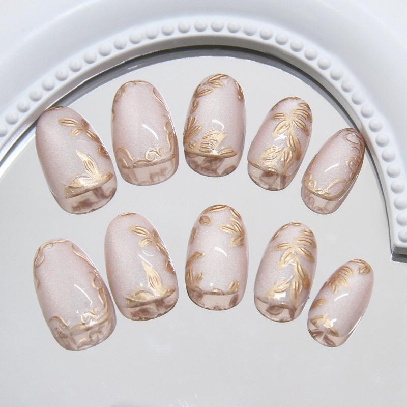 Paznokcie z efektem migdałowego oka, sztuczne paznokcie z kwiatowym wzorem, pełne pokrycie, klej na paznokciach, błyszczące akrylowe paznokcie, sztuczne paznokcie