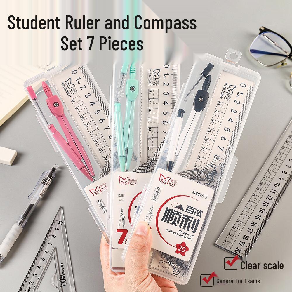 High-Quality Geometry Set: Square, Compass, Ruler & Triangle - 7-Piece Stationery for Primary School Students