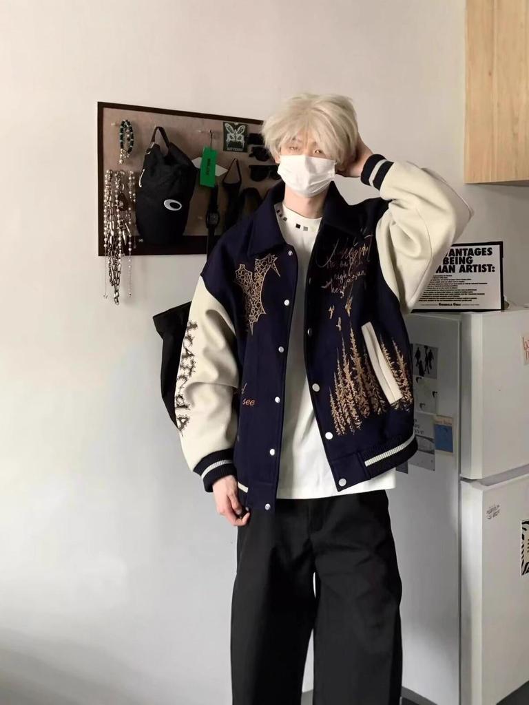 Guochao Men's Heavyweight Embroidered Baseball Jacket - Autumn/Winter Versatile High Street Outerwear