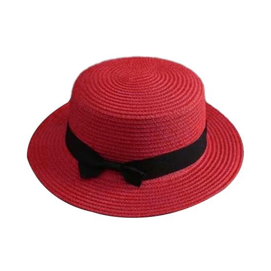 Beach Straw Hat Flat Top Wide Brim Sun Protection Hat with Black Ribbon Bow Hand-Woven Breathable Summer Hat