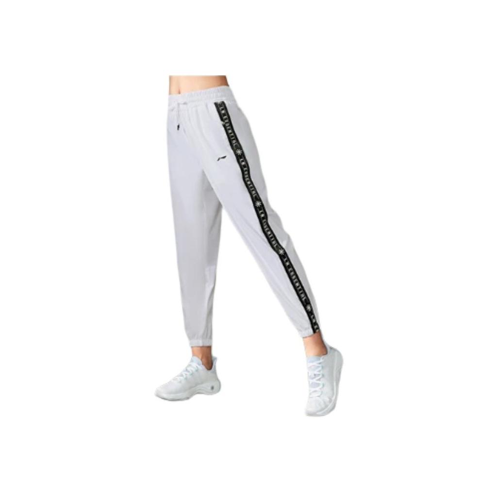 Li Ning Fitness Series Side Letter Number Print Quick-Dry Drawstring Cuffed Sports Pants Women Pants Oatmeal-Gray AYKS356-5