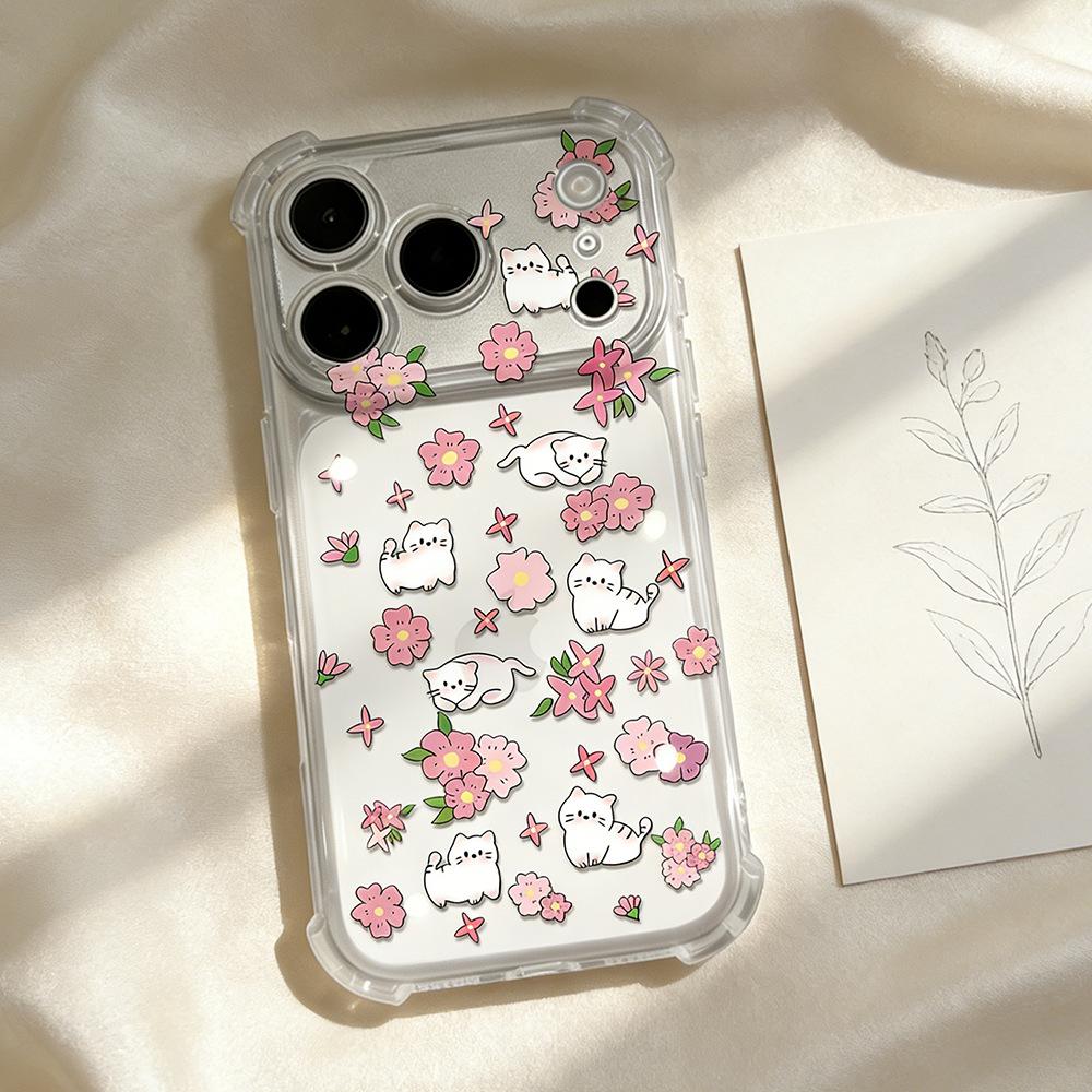 Cat and flower apply to Apple Huawei vivo Xiaomi oppo glory transparent iPhone17 anti-drop mobile phone case female