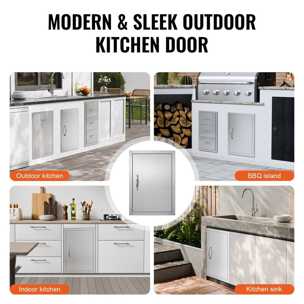 BBQ Access Door, 457x610 Mm Single Outdoor Kitchen Door, Stainless Steel Flush Mount Door, Wall Vertical Door with Handle, for BBQ Island, Grilling